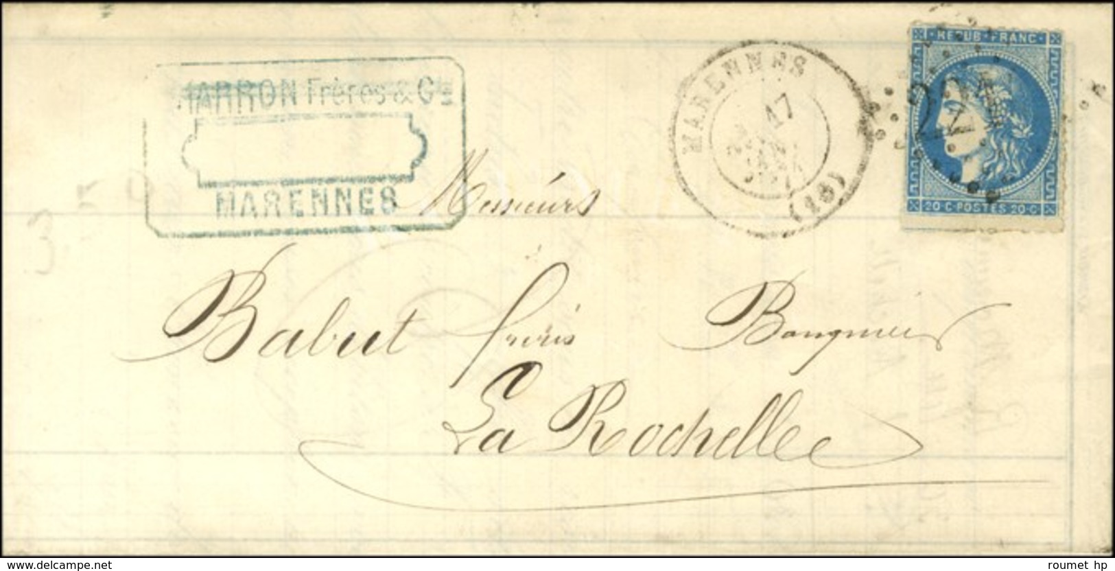 GC 2210 / N° 46 Avec Perçage De Marennes Càd T 17 MARENNES Sur Lettre Pour La Rochelle. 1871. - TB. - 1870 Emissione Di Bordeaux