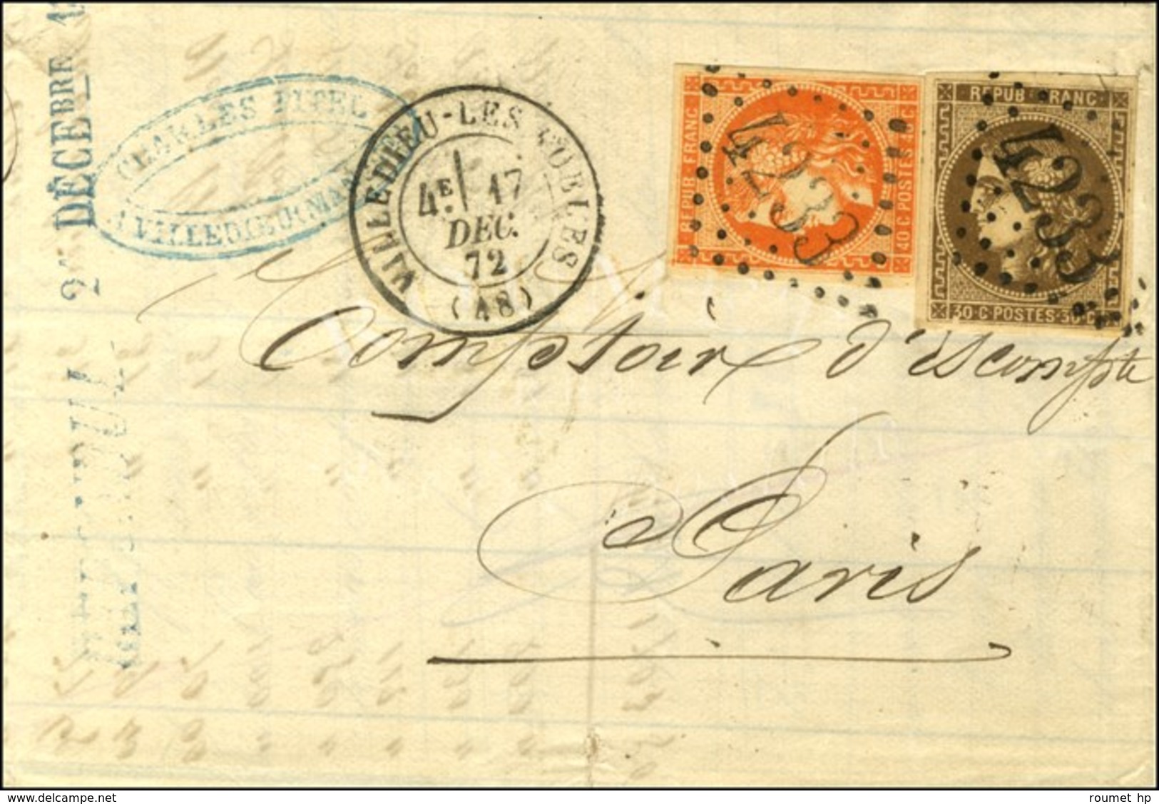 GC 4233 / N° 47 + 48 Belles Nuances Càd T 17 VILLEDIEU-LES-POELES Sur Lettre 3 Ports Pour Paris. 1872. - SUP. - R. - 1870 Ausgabe Bordeaux