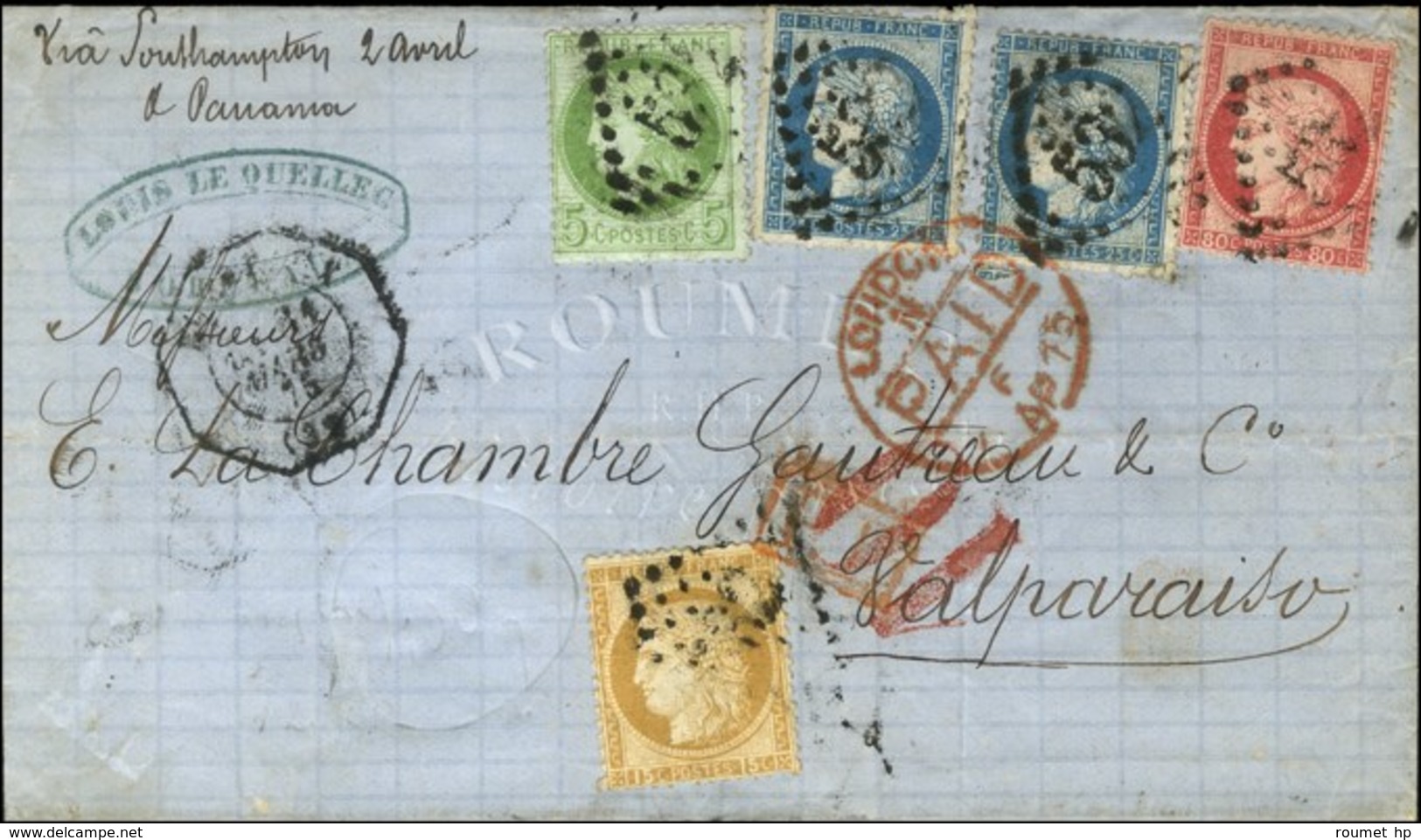 GC 532 / N° 53 + 55 + 57 + 60 (2) Càd Octo De Lev. Exp. BORDEAUX (32) E1 Sur Lettre Pour Valparaiso. 1875. - TB. - R. - 1871-1875 Ceres