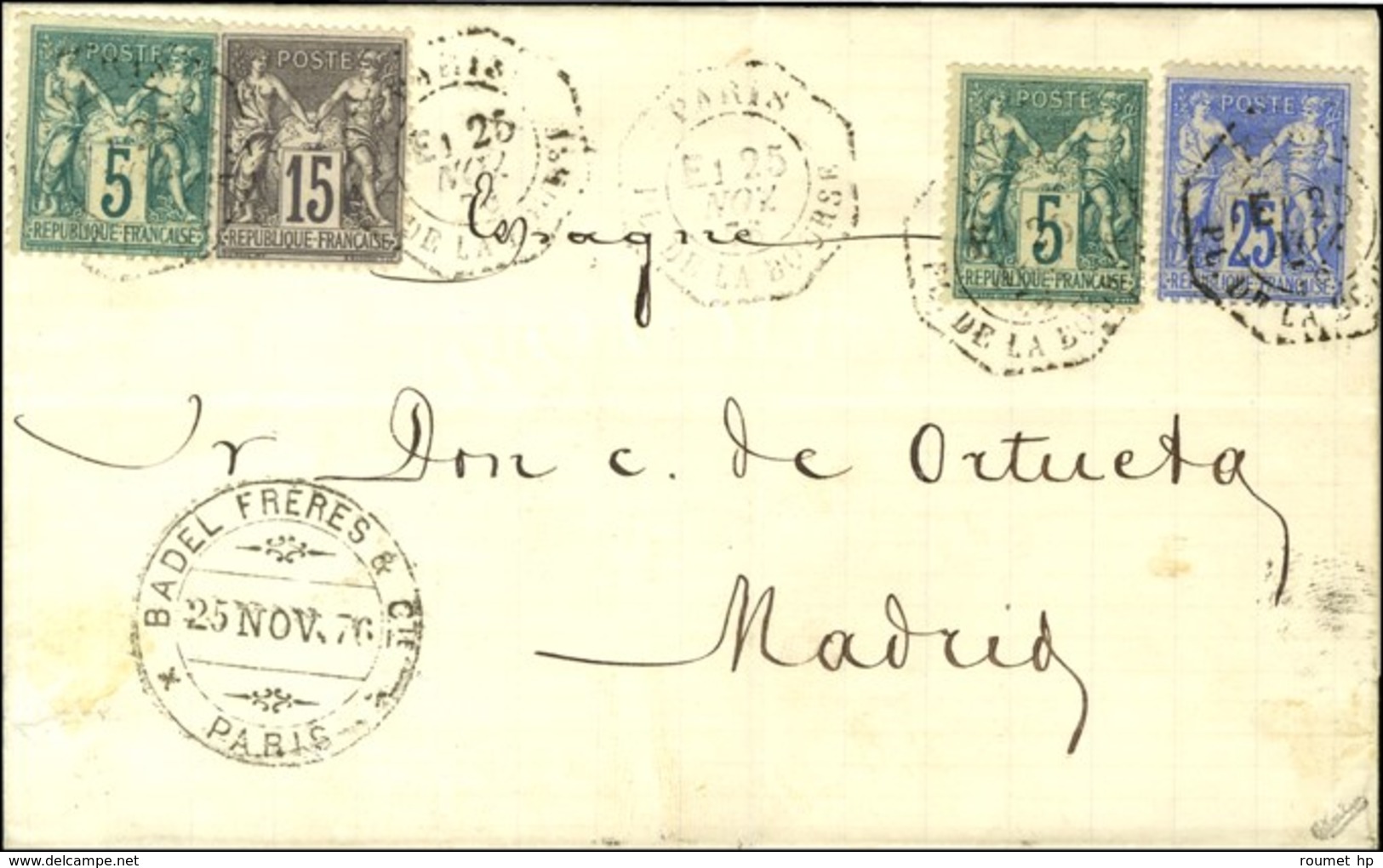Càd Octo De Lev. Exc. PARIS / PL. DE LA BOURSE E1 / N° 64 (2) + 77 + 78 Sur Lettre Pour Madrid. - TB / SUP. - R. - 1876-1878 Sage (Tipo I)