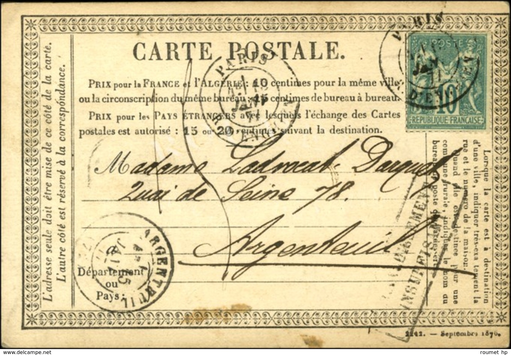 PARIS / R. D'ENGHIEN / N° 65 Sur CP Insuffisamment Affranchie Pour Argenteuil Taxée 15. 1877. - TB. - 1876-1878 Sage (Typ I)