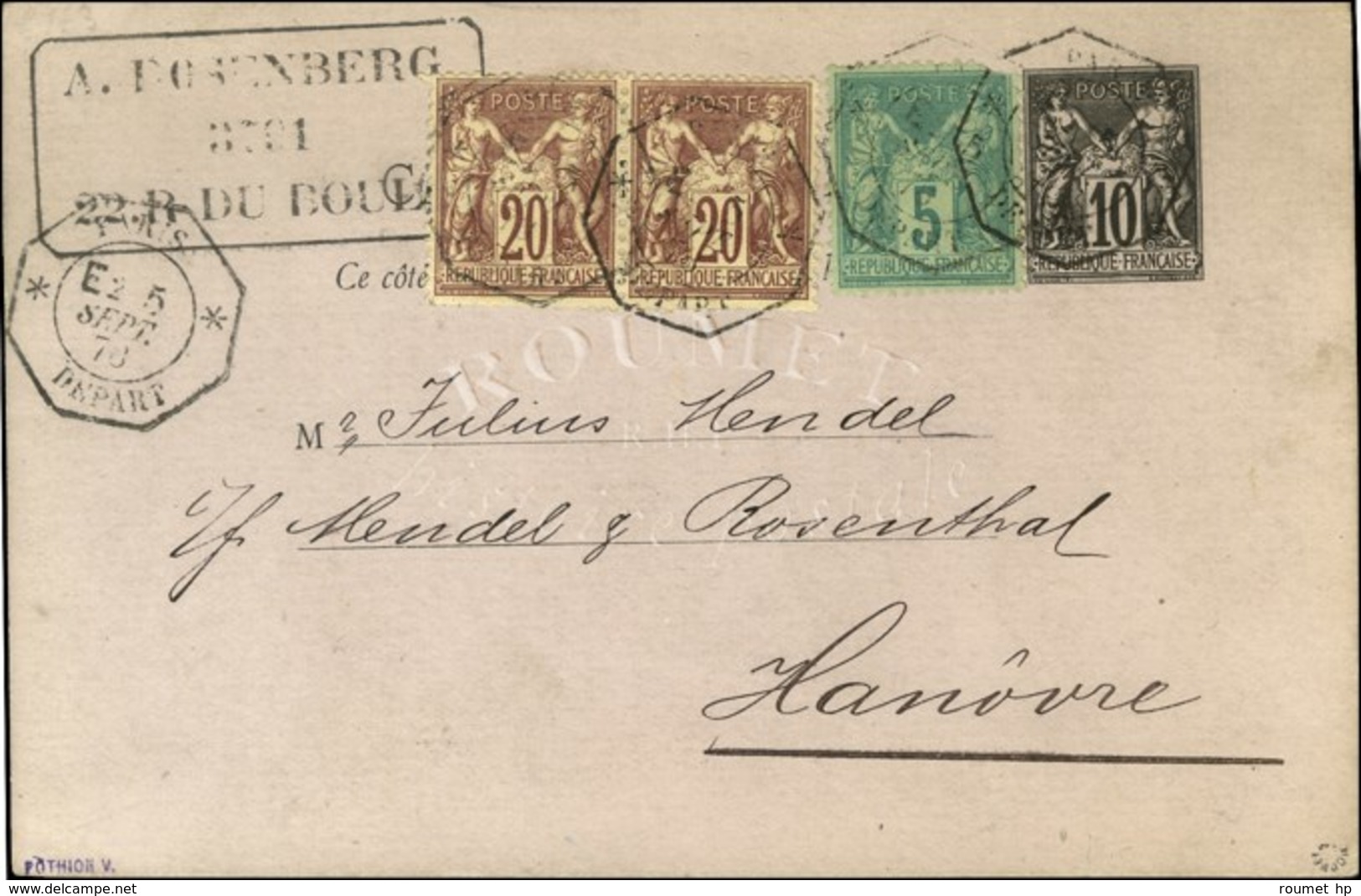 Càd Octo De Lev. Exc. * PARIS * / DEPART E2 / Entier 10c. + N° 67 (2) + 75 Pour Hanovre. Exceptionnelle Combinaison. 187 - 1876-1878 Sage (Tipo I)