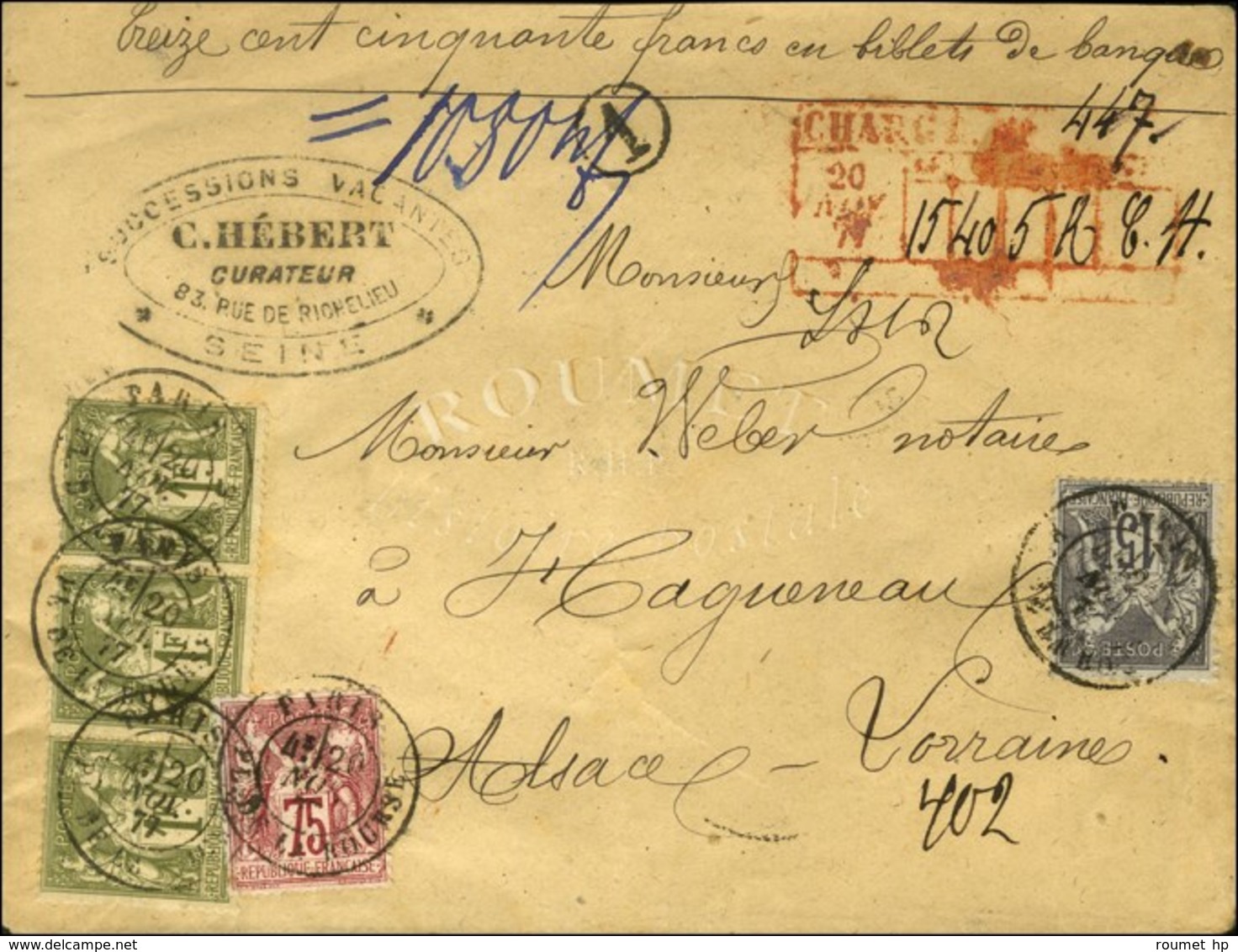 Càd PARIS / PL. DE LA BOURSE / N° 71 + 72 Bande De 3 + 77 Sur Lettre Chargée Avec Descriptif De Chargement Rouge Au Rect - 1876-1878 Sage (Type I)