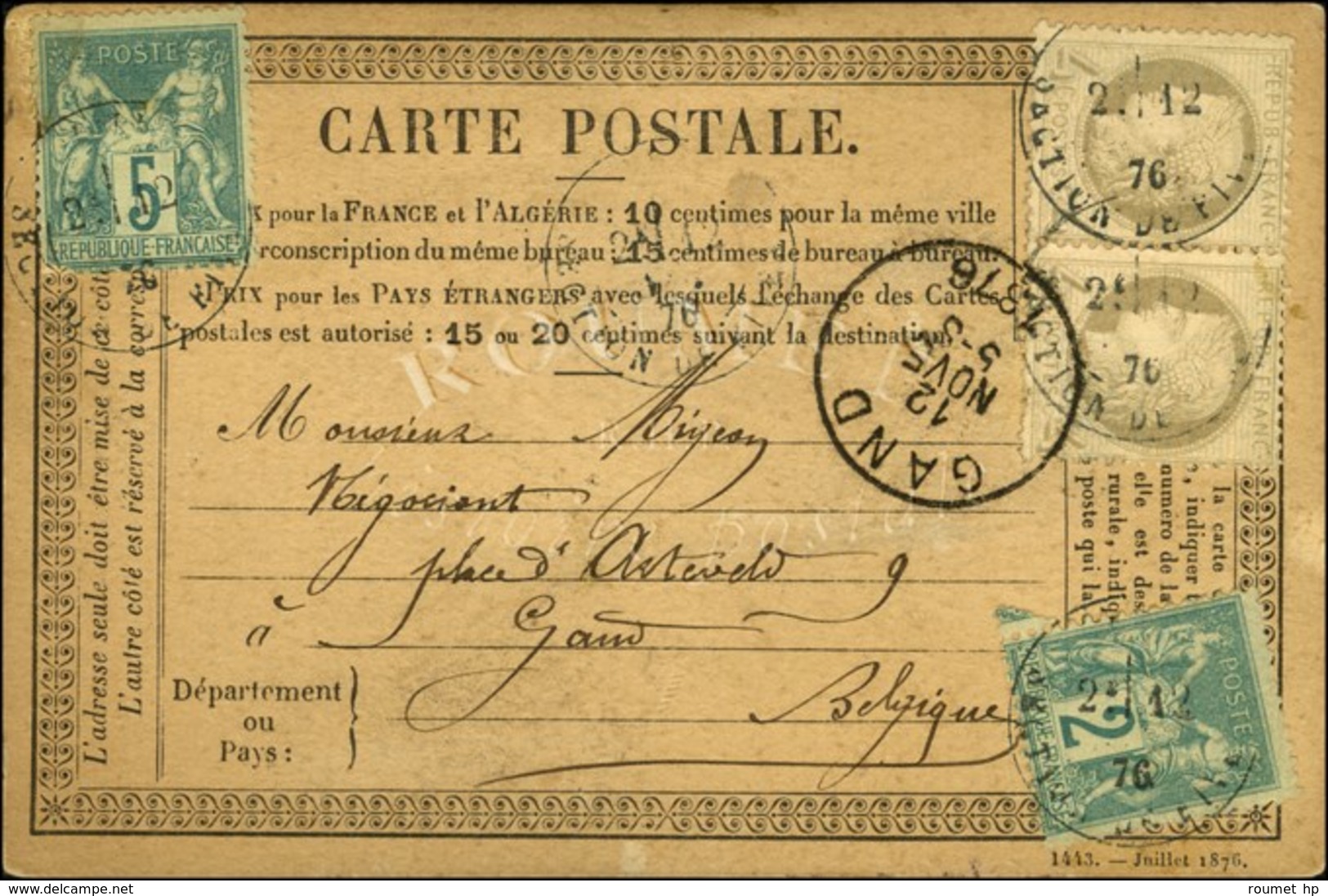 Càd LILLE / N° 52 Paire + 64 (pd) + 74 Sur CP Pour Gand. Càd D'arrivée Au Recto. 1876. - TB. - R. - 1876-1878 Sage (Typ I)