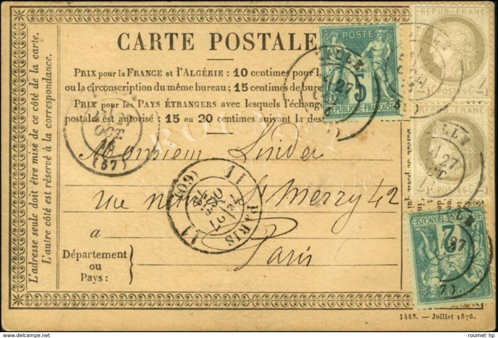 Càd LILLE / N° 52 (2) + 64 + 74 Sur CP Pour Paris. 1876. - TB / SUP. - R. - 1876-1878 Sage (Tipo I)