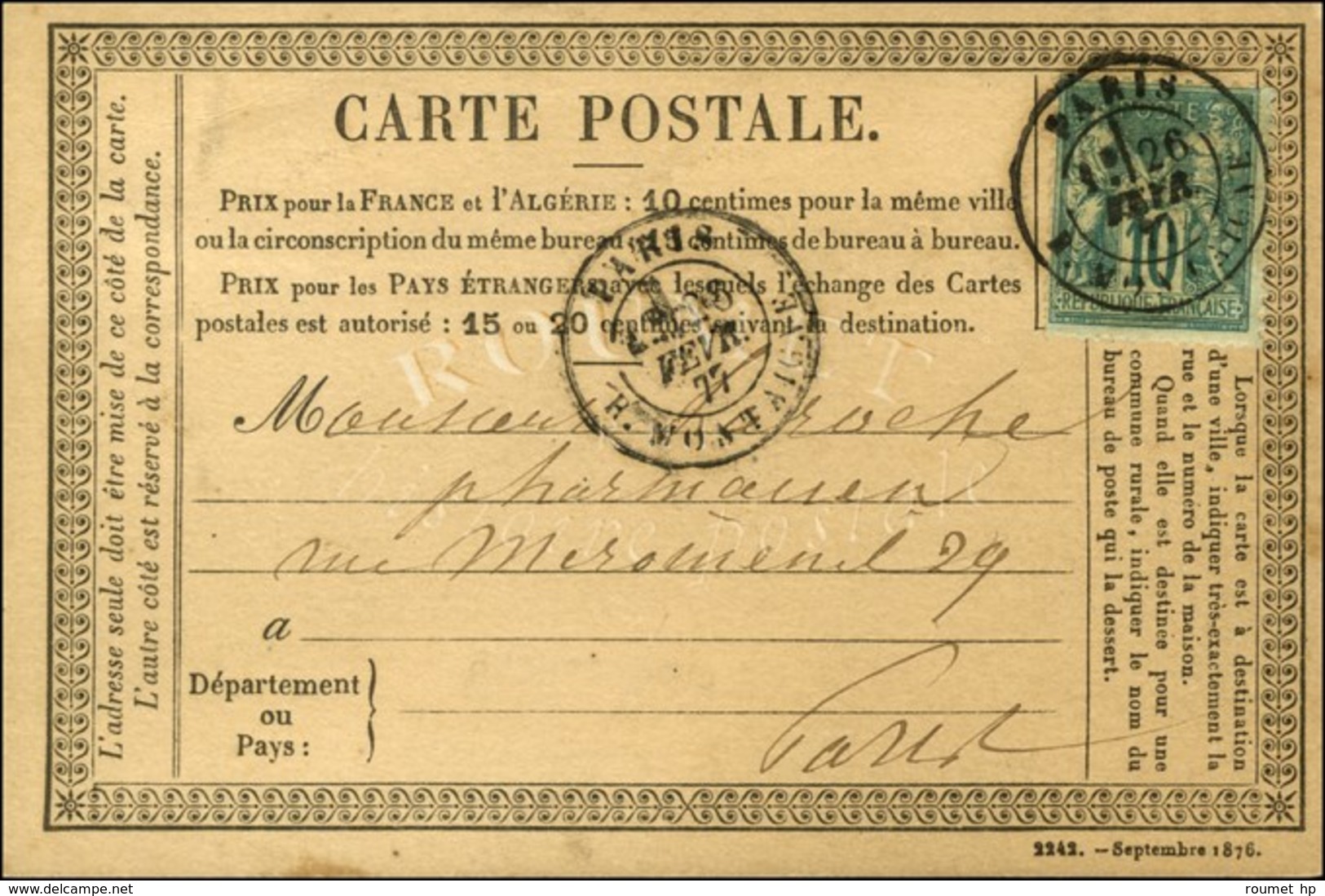 Càd PARIS / R. MONTAIGNE / N° 76 Sur CP Locale. 1877. - TB / SUP. - 1876-1878 Sage (Type I)