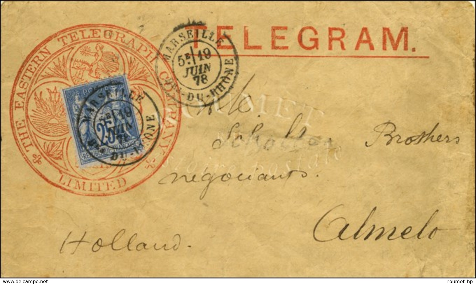 Càd MARSEILLE / N° 79 Sur Télégramme THE EASTERN TELEGRAPH COMPANY / LIMITED Pour Almelo (Pays-Bas). 1878. - SUP. - R. - 1876-1878 Sage (Type I)