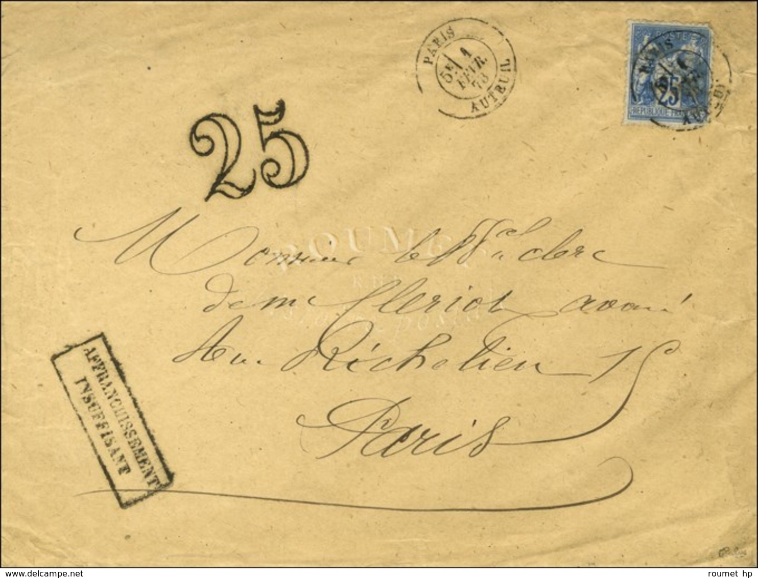 Càd PARIS / AUTEUIL / N° 79 Sur Lettre Insuffisamment Affranchie Pour Paris Taxée 25 DT. 1878. - TB / SUP. - 1876-1878 Sage (Typ I)