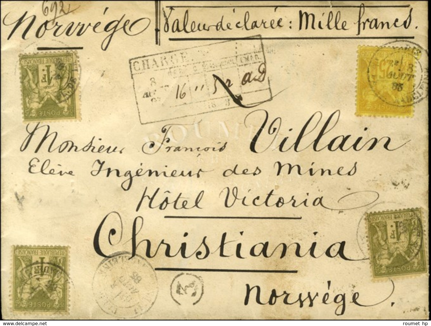Càd PARIS / PL. DE LA MADELEINE / N° 82 (3) + 92 Sur Lettre Chargée (descriptif Au Recto) Pour La Norvège. 1885. - TB. - - 1876-1878 Sage (Type I)