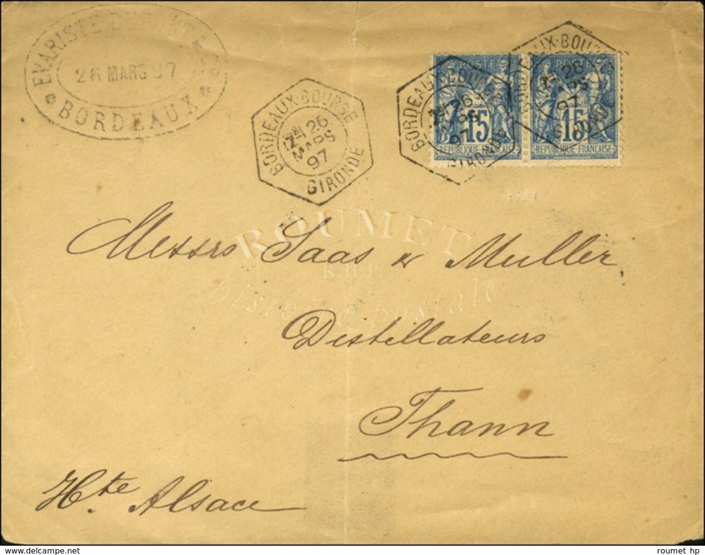 Càd Hexa De Lev. Exc. BORDEAUX BOURSE / GIRONDE 2e / N° 90 Paire Sur Lettre Pour L'Alsace. 1897. - SUP. - R. - 1876-1878 Sage (Type I)