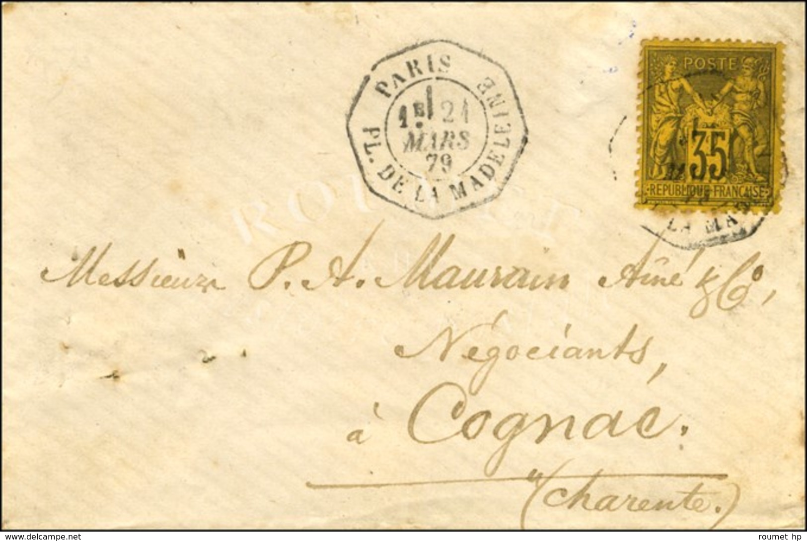 Càd Octo De Lev. Exc. PARIS / PL. DE LA MADELEINE 1e / N° 93 Sur Lettre Pour Cognac. 1879. - SUP. - R. - 1876-1878 Sage (Type I)