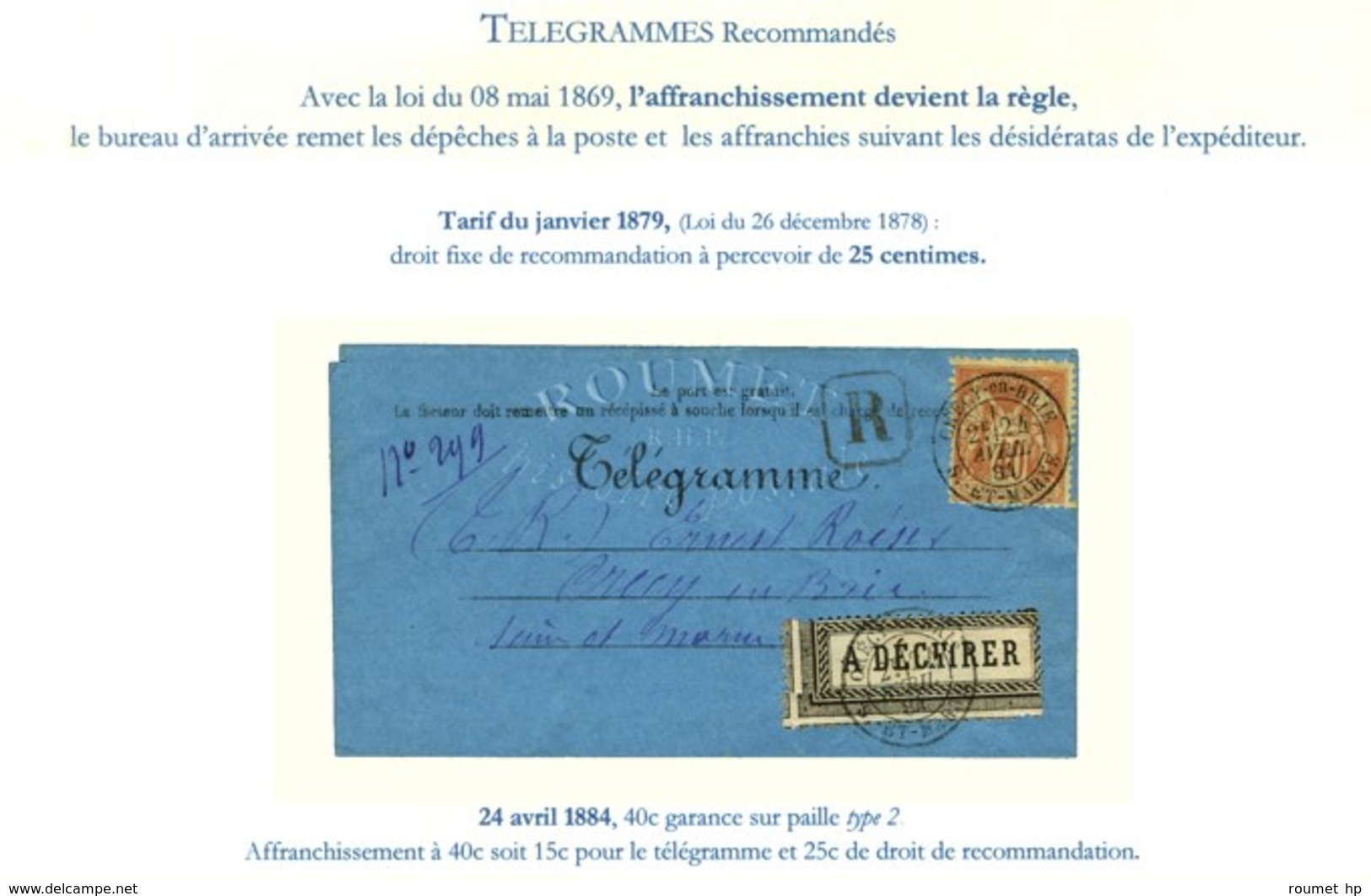 Càd CRECY-EN-BRIE / S.ET MARNE / N° 94 Sur Télégramme Recommandé Local. 1884. - SUP. - R. - 1876-1878 Sage (Typ I)