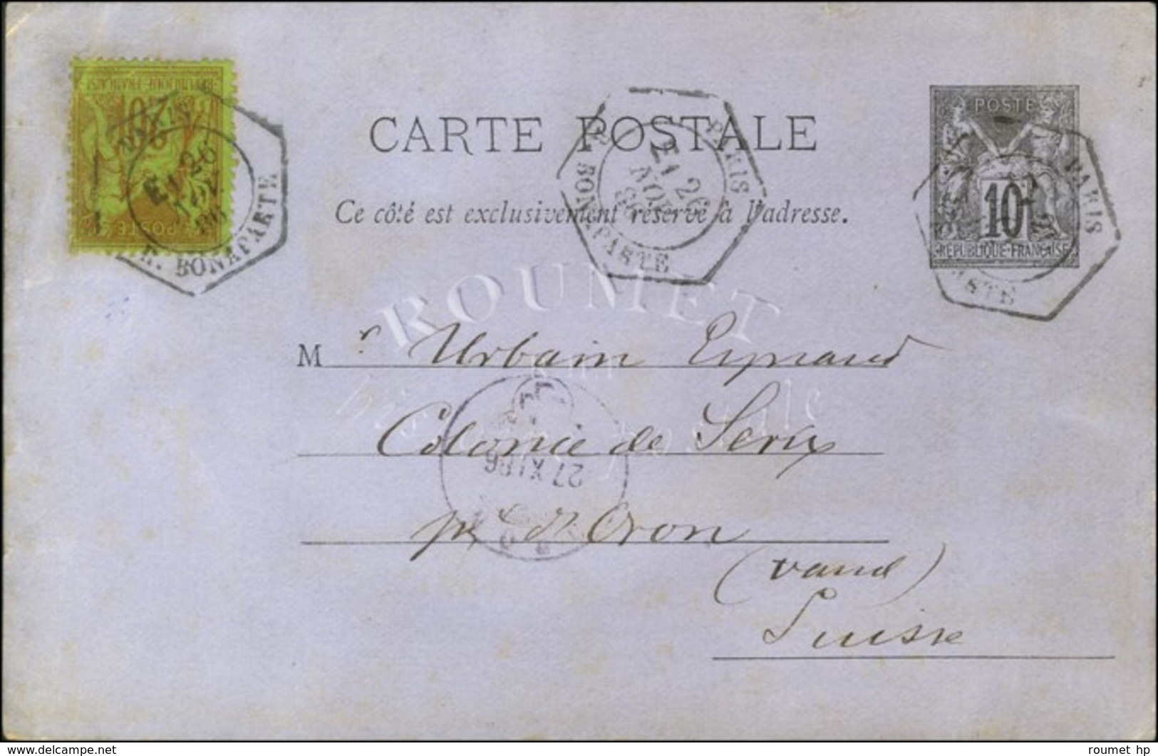 Càd Hexa De Lev. Exc. PARIS / R. BONAPARTE E1 / Entier 10c + N° 96 Pour Oron (Suisse). 1886. - SUP. - R. - 1876-1878 Sage (Typ I)