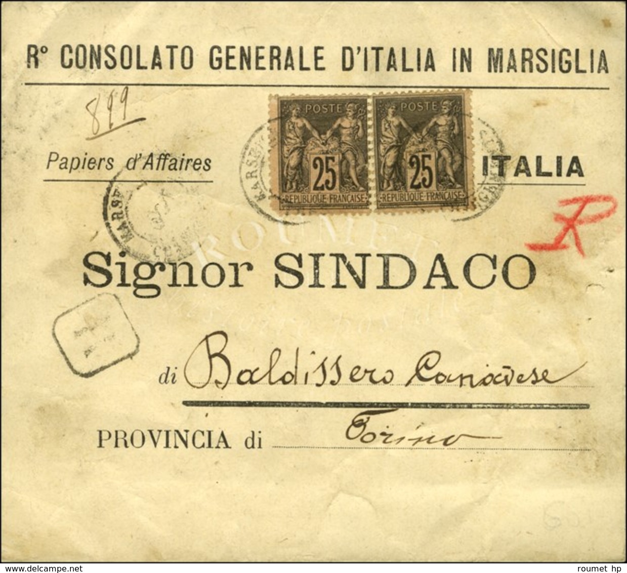 Càd MARSEILLE / N° 97 Paire Sur Papiers D'affaires Recommandés Pour Turin. 1900. - TB. - 1876-1878 Sage (Tipo I)