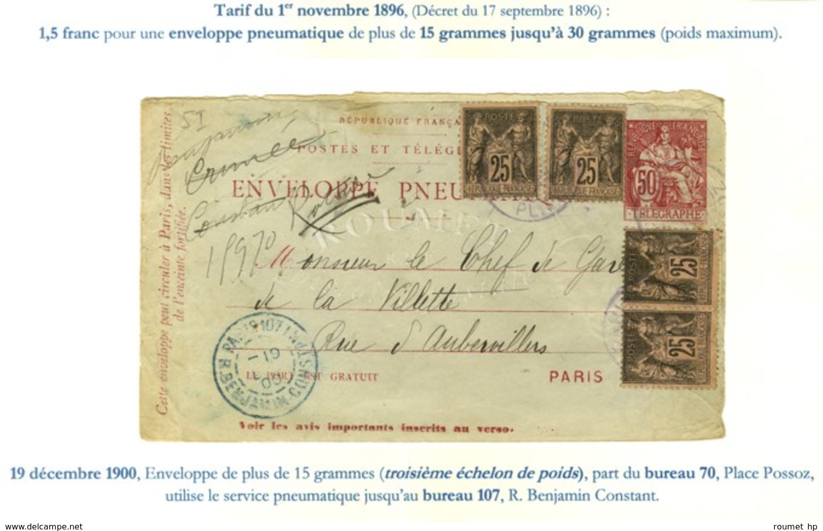 Càd PARIS-70 / PLACE POSSOZ Sur Enveloppe Pneumatique Avec Télégraphe 50c. + N° 97 (4) Adressée Au 3ème échelon De Poids - 1876-1878 Sage (Tipo I)