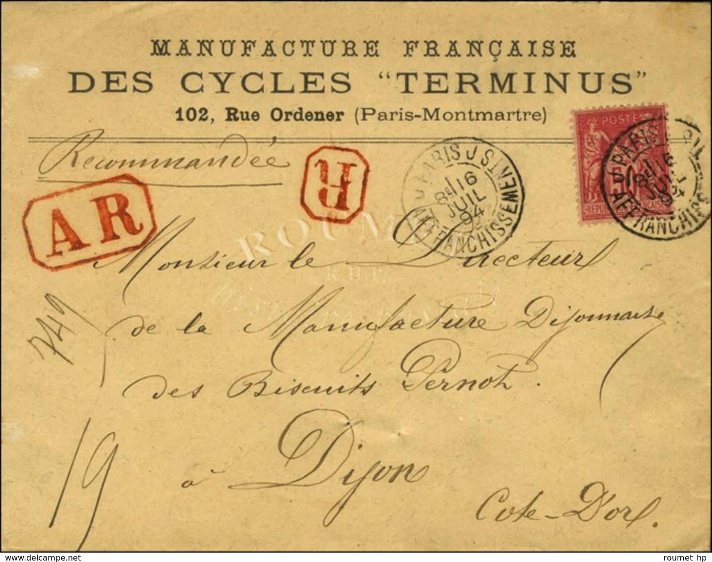 Càd PARIS J / AFFRANCHISSEMENTS / N° 98 Sur Lettre Recommandée Avec AR Pour Dijon. 1894. - SUP. - 1876-1878 Sage (Type I)