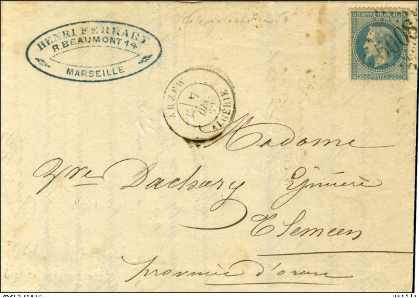 GC 5008 / N° 29 Càd ARZEW / ALGERIE Sur Lettre De Marseille Pour Tlemcen. 1869. - TB / SUP. - Altri & Non Classificati