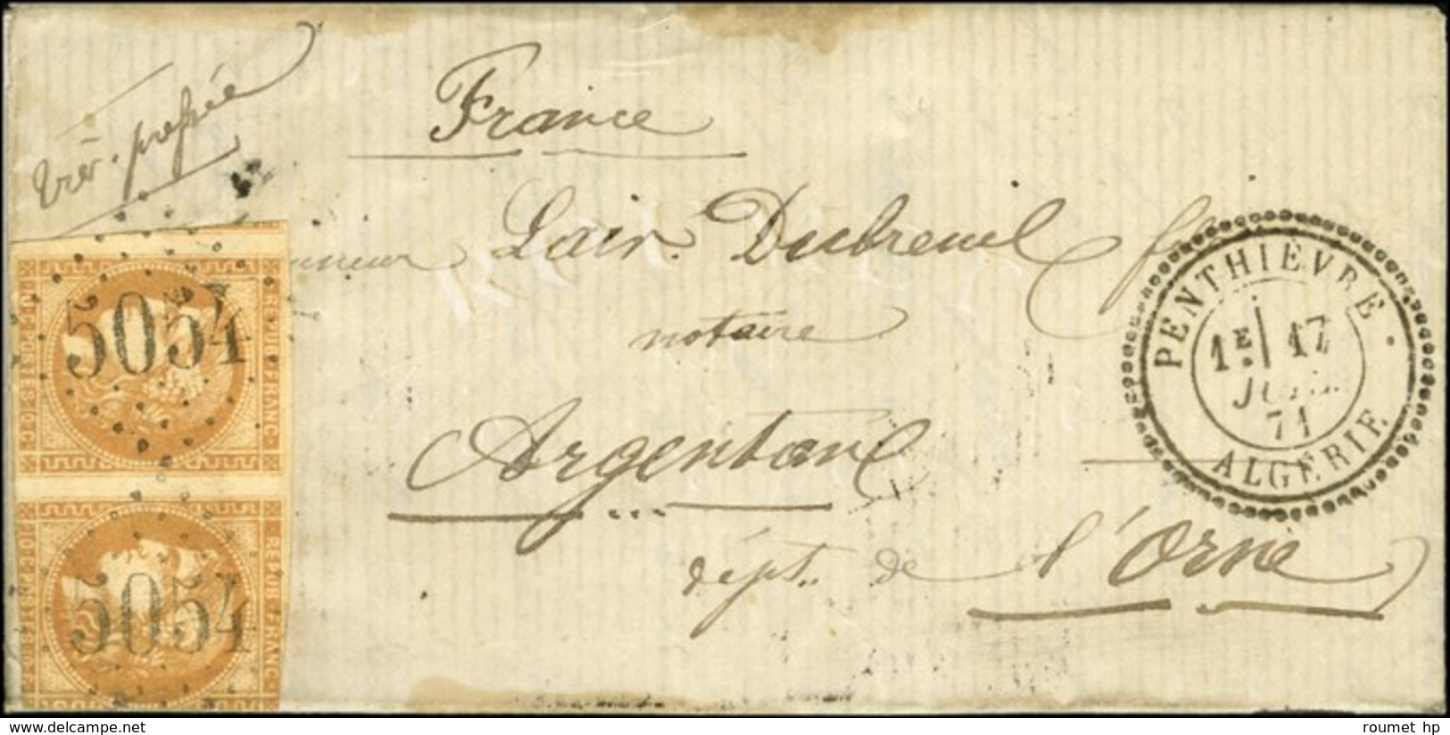 GC 5054 / N° 43 Paire (1 Ex Pd) Càd PENTHIEVRE / ALGERIE Sur Lettre Avec Texte Pour Argentan. 1871. - TB / SUP. - R. - Other & Unclassified