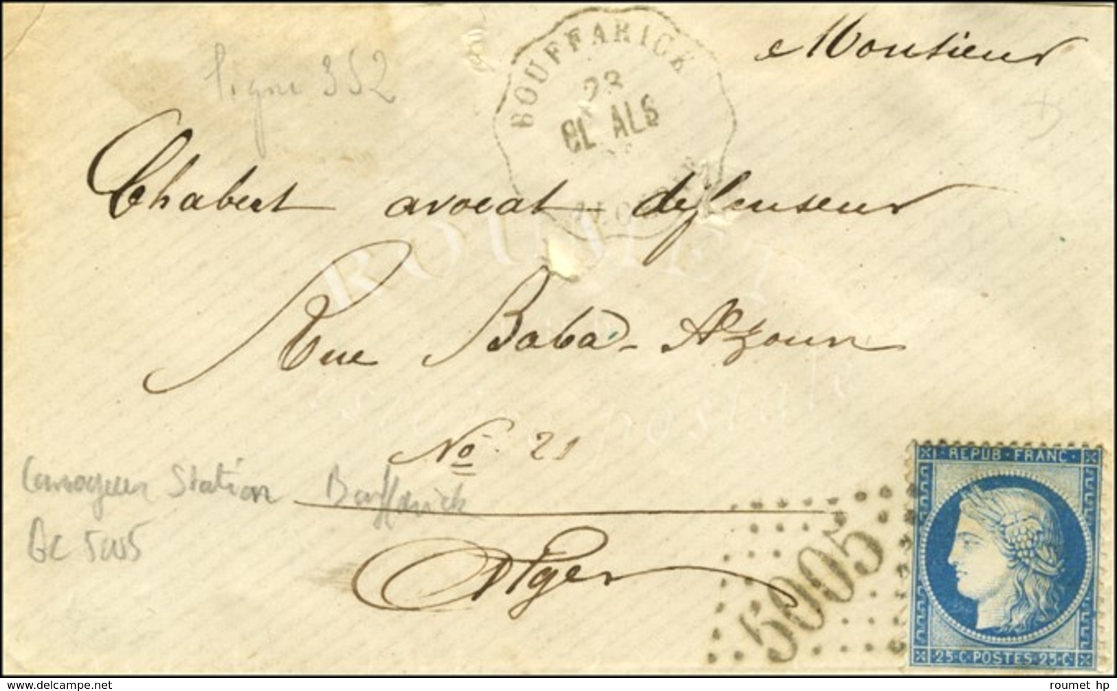 GC 5005 / N° 60 Conv. Stat. BOUFFARICK / BL ALG / ALGERIE Sur Lettre Pour Alger. 1874. - TB. - Altri & Non Classificati