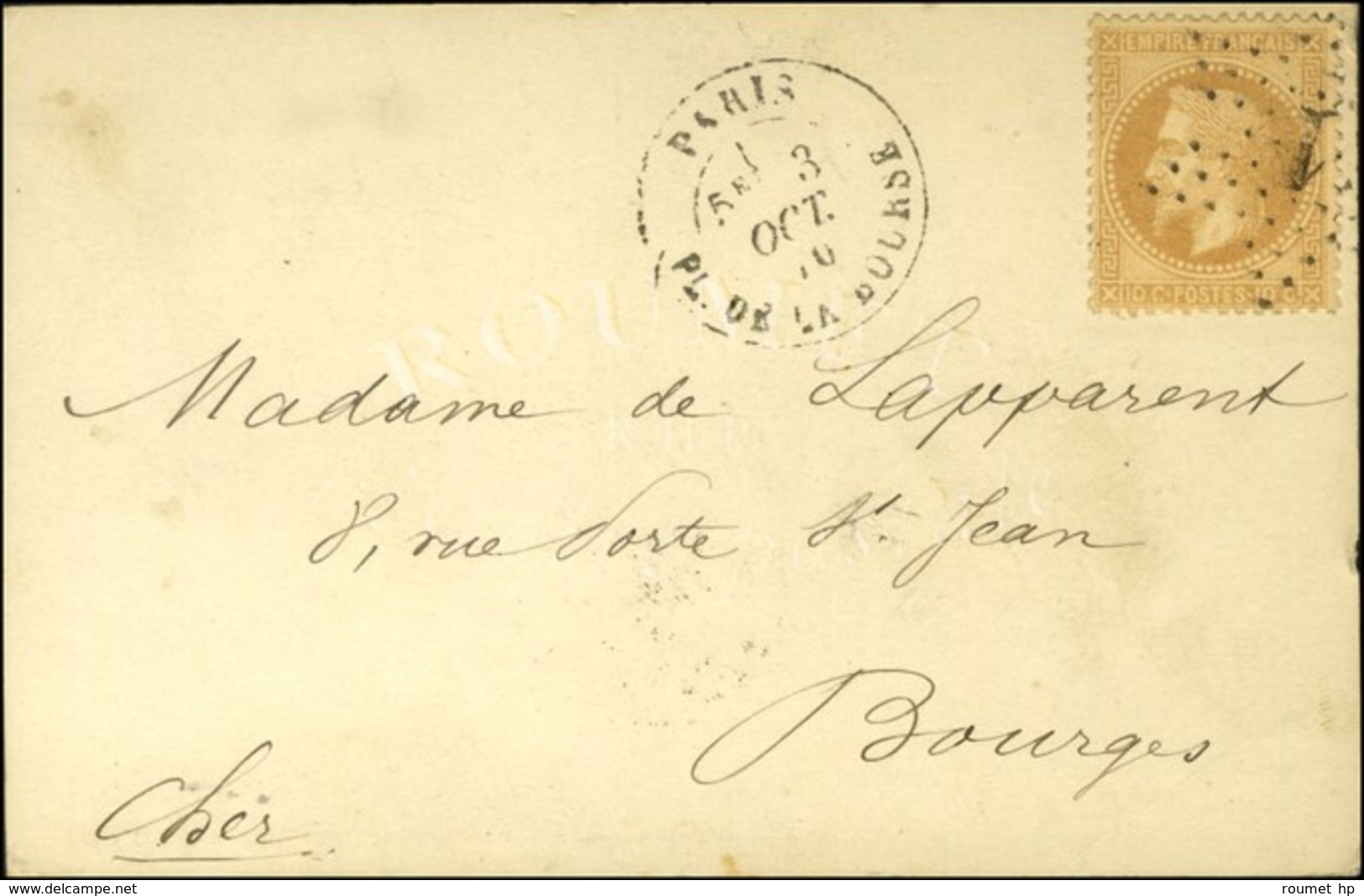 Etoile 1 / N° 28 Càd PARIS / PL. DE LA BOURSE 3 OCT. 70 Sur Carte Pour Bourges Sans Càd D'arrivée. L'ARMAND BARBES Proba - Guerra Del 1870