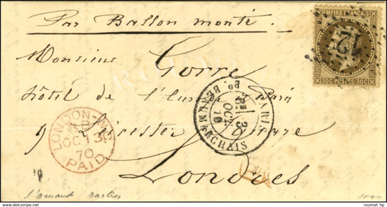 Etoile 12 / N° 30 Càd PARIS / Bd BEAUMARCHAIS 3 OCT. 70 Sur Lettre Pour Londres, Au Recto Càd D'arrivée 13 OCT. 70. L'AR - War 1870