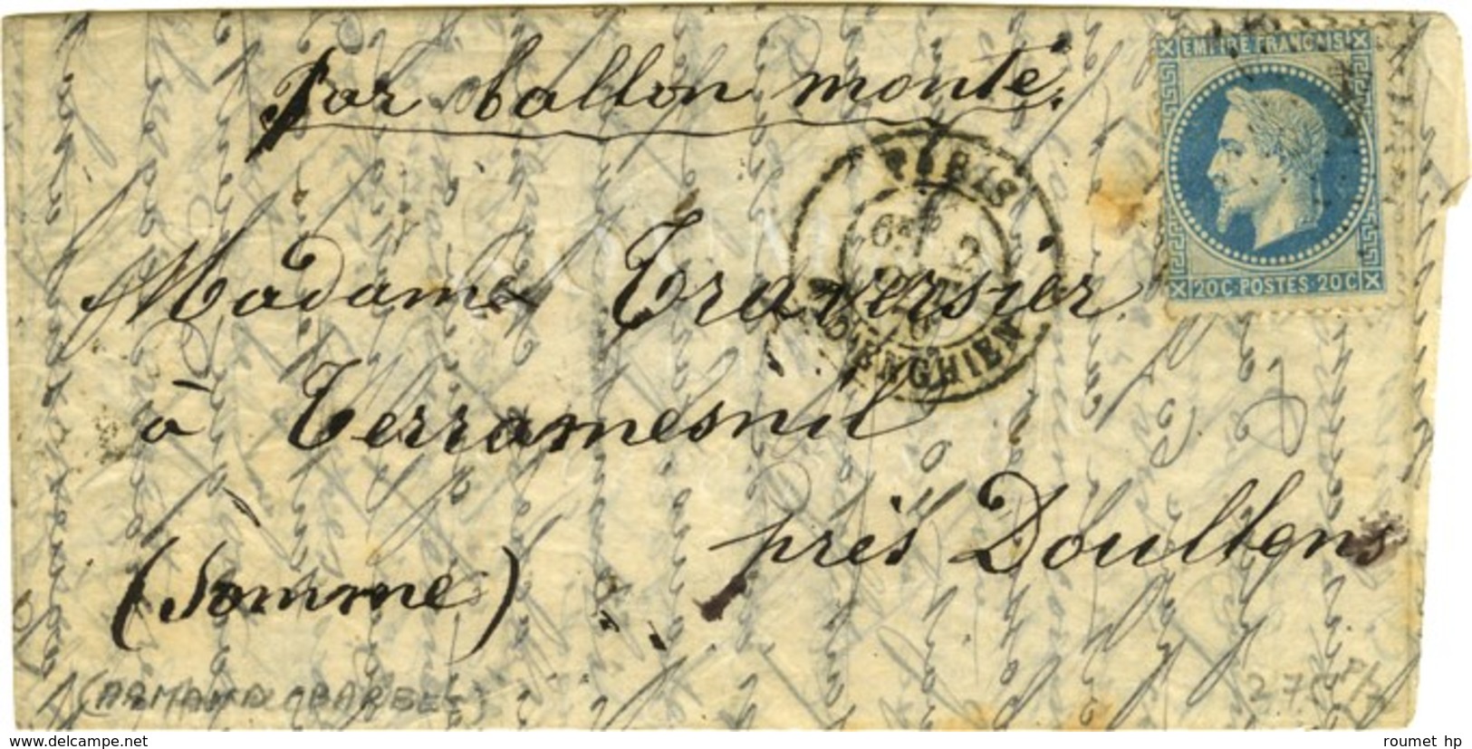 Etoile 4 / N° 29 Càd PARIS / R. D'ENGHIEN 2 OCT. 70 Sur Lettre Pour Doullens, Au Verso Càd D'arrivée 13 OCT. 70. L'ARMAN - Guerra Del 1870