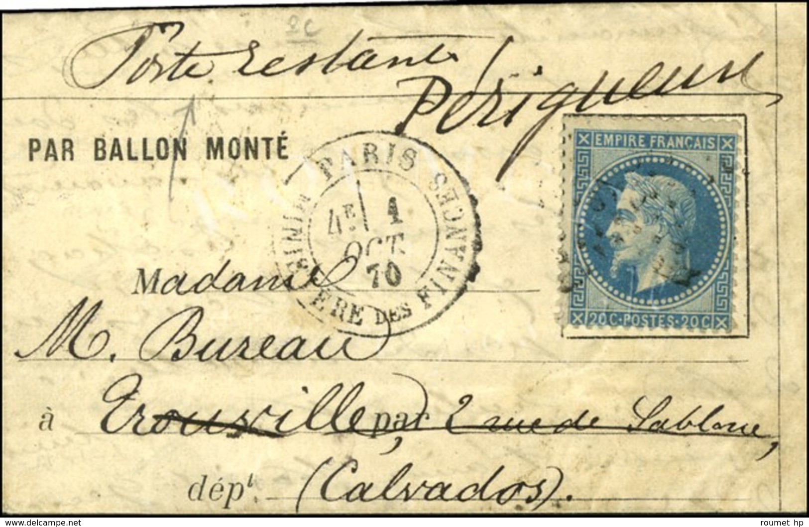 Etoile 35 / N° 29 Càd PARIS / MINISTERE DES FINANCES 1 OCT. 70 Sur Lettre PAR BALLON MONTE Pour Trouville Réexpédiée à P - War 1870