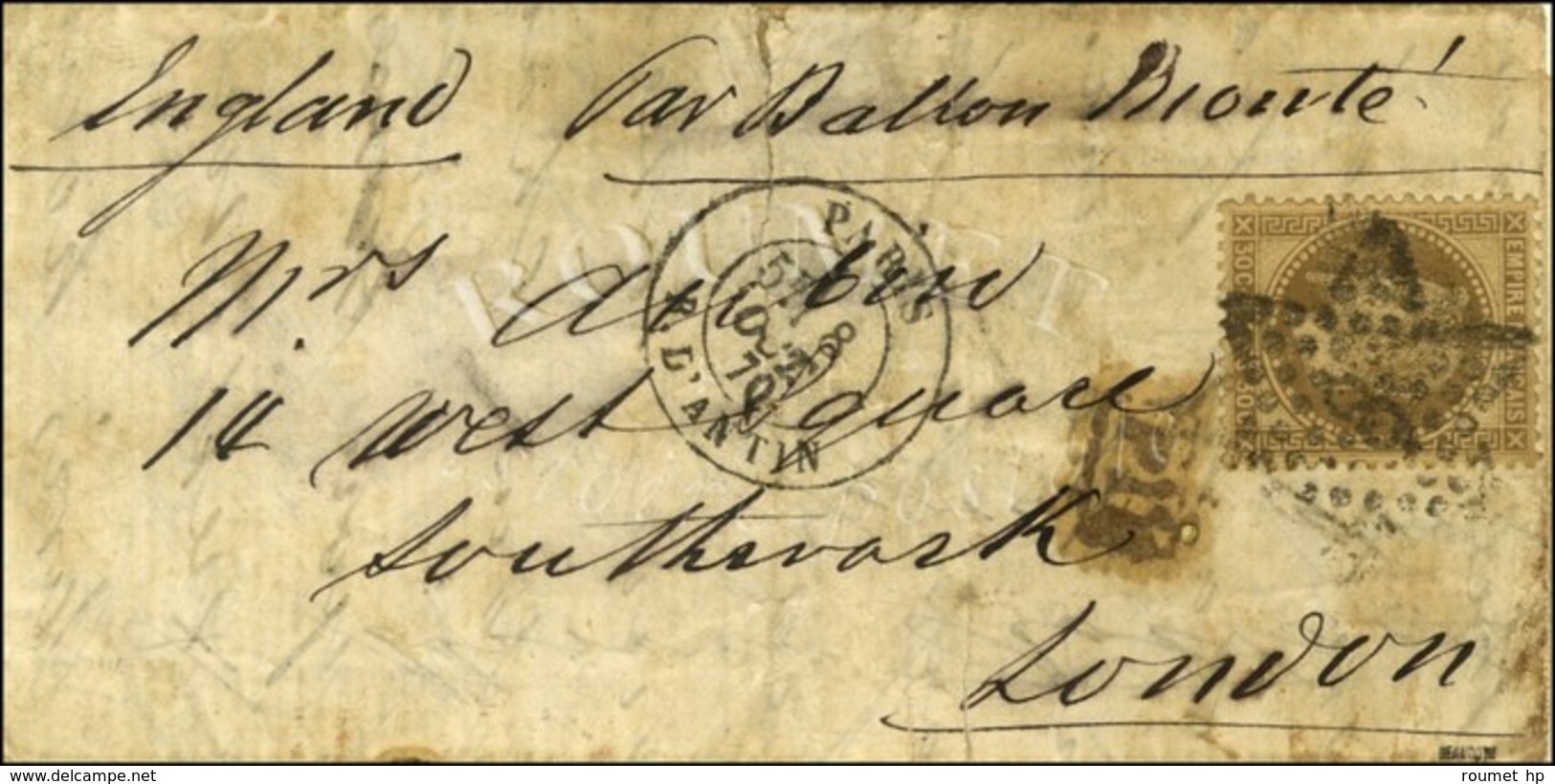 Etoile 8 / N° 30 Càd PARIS R. D'ANTIN 8 OCT. 70 Sur Lettre Pour Londres. Au Verso, Càd D'arrivée 18 OCT. 70. LE WASHINGT - Krieg 1870