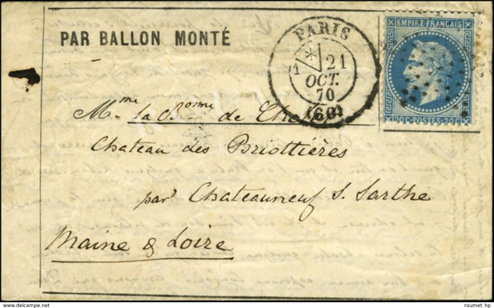 Etoile / N° 29 Càd PARIS (60) 21 OCT. 70 Sur Lettre PAR BALLON MONTE Pour Chateauneuf-s-Sarthe, Au Verso Càd D'arrivée 1 - Guerra Del 1870