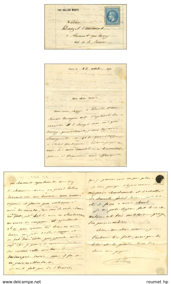 Lettre Avec Texte De Paris Le 23 Octobre 1870 Pour Aumont Par Hornoy (Somme). Au Recto, Timbre Non Oblitéré, Sans Càd D' - War 1870