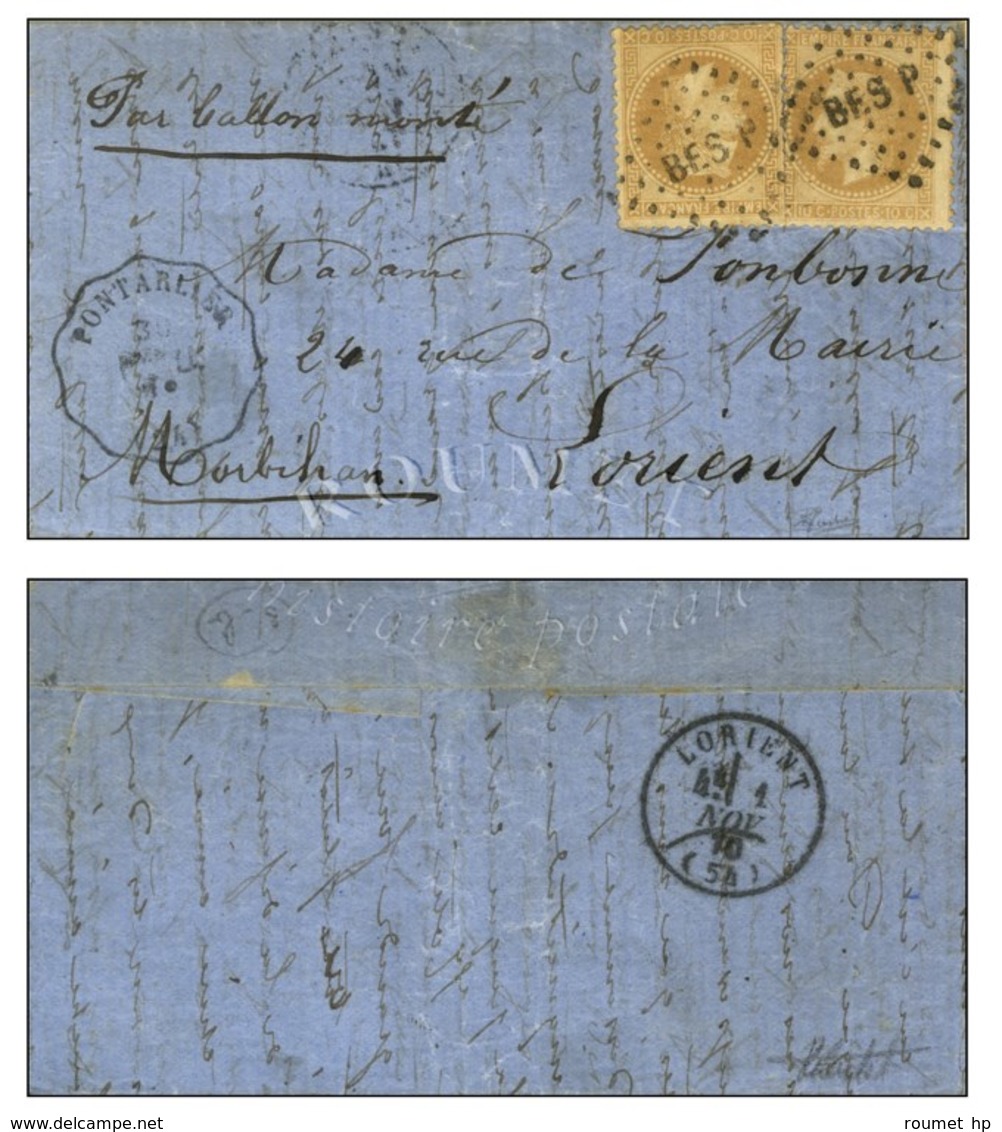 Lettre Avec Texte Daté De Paris Le 24 Octobre 1870 Pour Lorient. Au Recto, Losange BES P / N° 28 (2) Convoyeur Station P - Krieg 1870