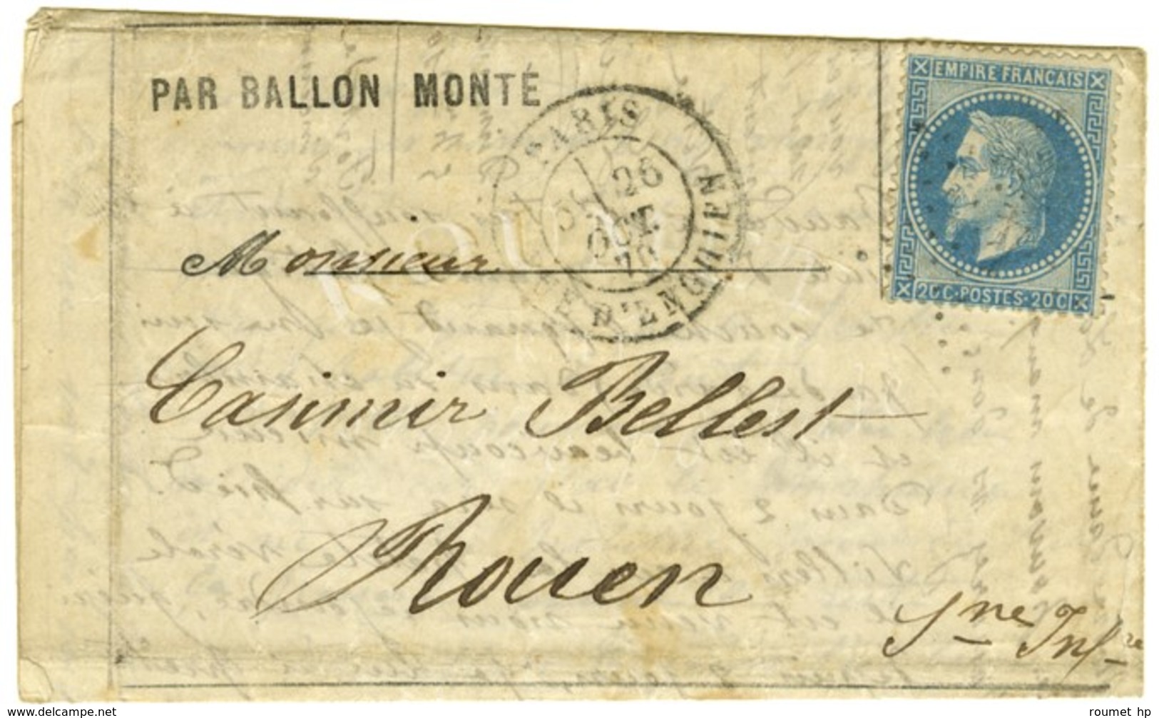 Etoile 4 / N° 29 Càd PARIS / R. D'ENGHIEN 26 OCT. 70 Sur Lettre PAR BALLON MONTE Pour Rouen, Au Verso Càd D'arrivée 2 NO - War 1870