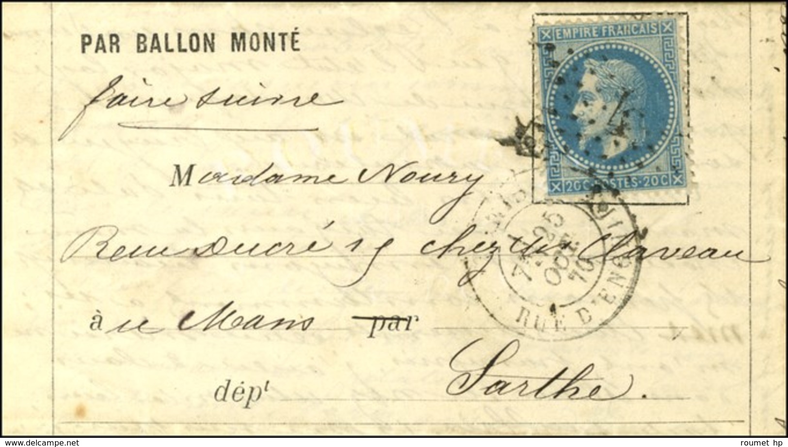 Etoile 4 / N° 29 Càd PARIS / RUE D'ENGHIEN 25 OCT. 70 Sur Lettre PAR BALLON MONTE Pour Le Mans, Au Verso Càd D'arrivée 2 - Guerra Del 1870