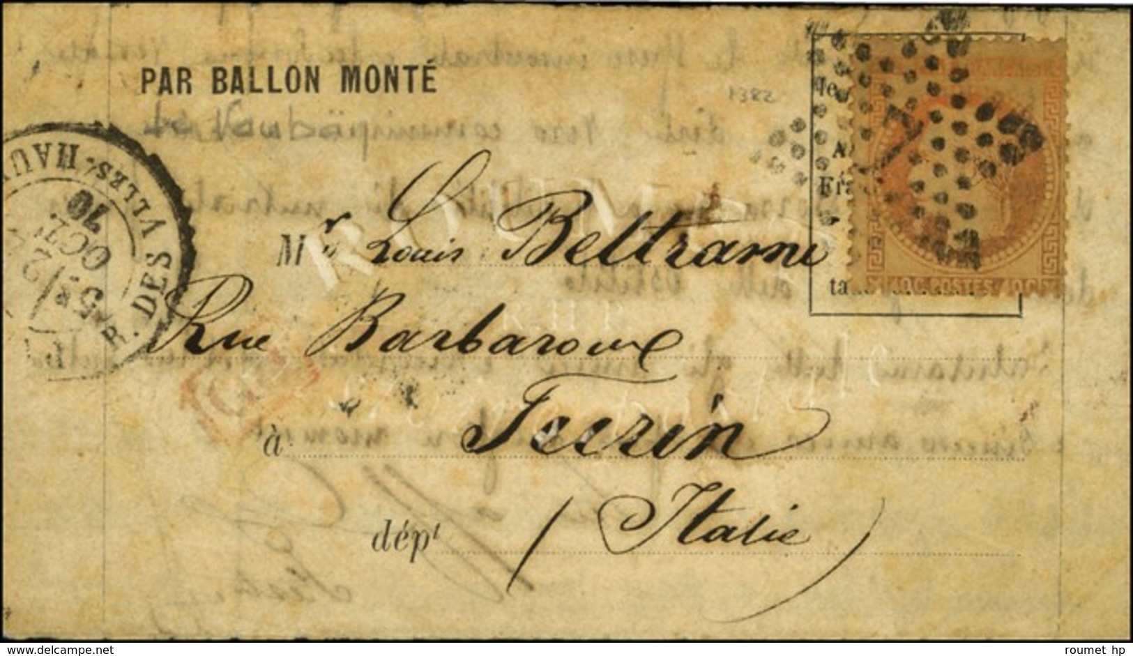 Etoile 7 / N° 31 Càd PARIS / R. DES Vlles HAUDRtes 24 OCT. 70 Sur Lettre PAR BALLON MONTE Pour Turin. Au Verso, Càd D'ar - Guerra Del 1870