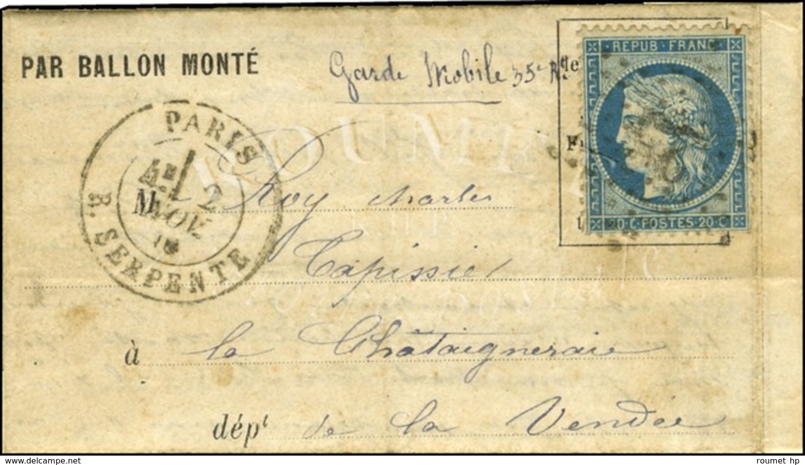 Etoile 25 / N° 37 Càd PARIS / R. SERPENTE 2 NOV. 70 Sur Lettre PAR BALLON MONTE Pour La Chataigneraie Sans Càd D'arrivée - Guerra Del 1870