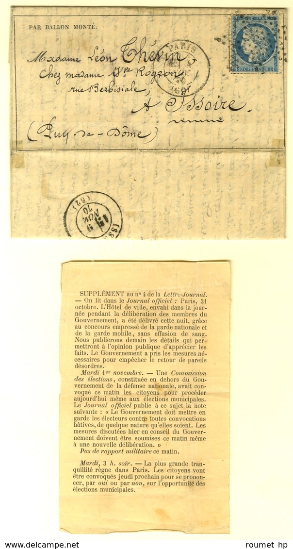 Etoile / N° 37 Càd PARIS (60) 4 NOV. 70 Sur Gazette N° 4 Avec Supplément Pour Issoire, Au Verso Càd D'arrivée 9 NOV. 70  - Guerra Del 1870