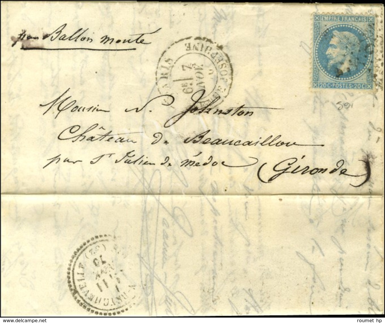 Etoile 34 (rare) / N° 29 Càd PARIS / AVENUE JOSEPHINE 7 NOV. 70 Sur Lettre Pour St Julien De Médoc, Au Verso Càd D'arriv - War 1870