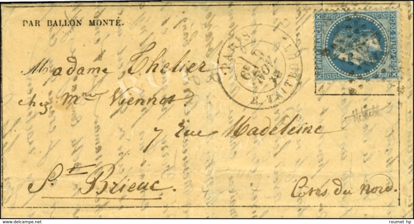 Etoile 22 / N° 29 Càd PARIS / R. TAITBOUT 9 NOV. 70 Sur Lettre Pour St Brieuc. Au Verso, Càd D'arrivée 29 NOV. 70. LE DA - War 1870