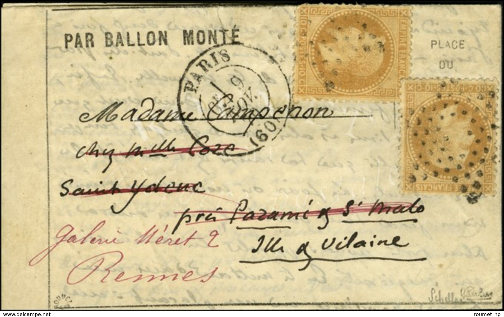 Etoile évidée / N° 28 (2) Càd PARIS (60) 9 NOV. 70 Sur Lettre PAR BALLON MONTE Pour St Malo Réexpédiée à Rennes. Au Vers - War 1870