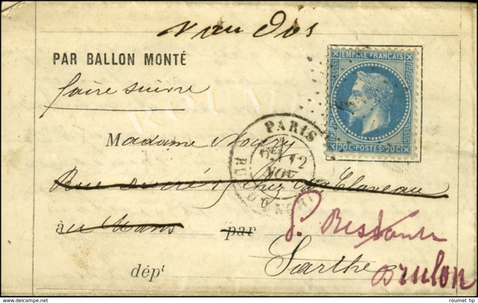 Etoile 4 / N° 29 Càd PARIS / RUE D'ENGHIEN 12 NOV. 70 Sur Lettre PAR BALLON MONTE Pour Le Mans Réexpédiée à Brulon, Au V - War 1870