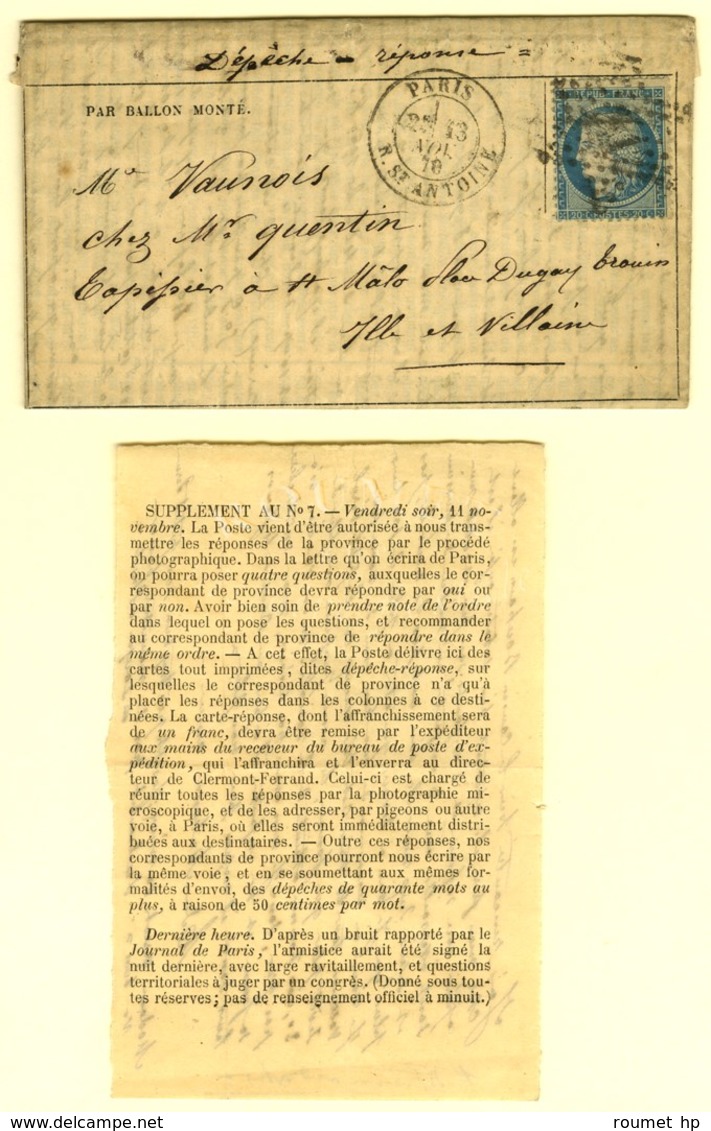 Etoile 21 / N° 37 Càd PARIS / R. St ANTOINE 13 NOV. 70 Sur Gazette N° 7 Avec Supplément Rédigé Au Verso Par L'expéditeur - War 1870