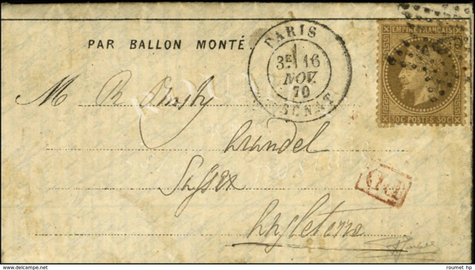 Etoile 6 / N° 30 Càd PARIS / SENAT 16 NOV. 70 Sur Dépêche-ballon N° 6 Pour Arundel (Sussex), Au Verso Càd D'arrivée 24 N - Guerra Del 1870