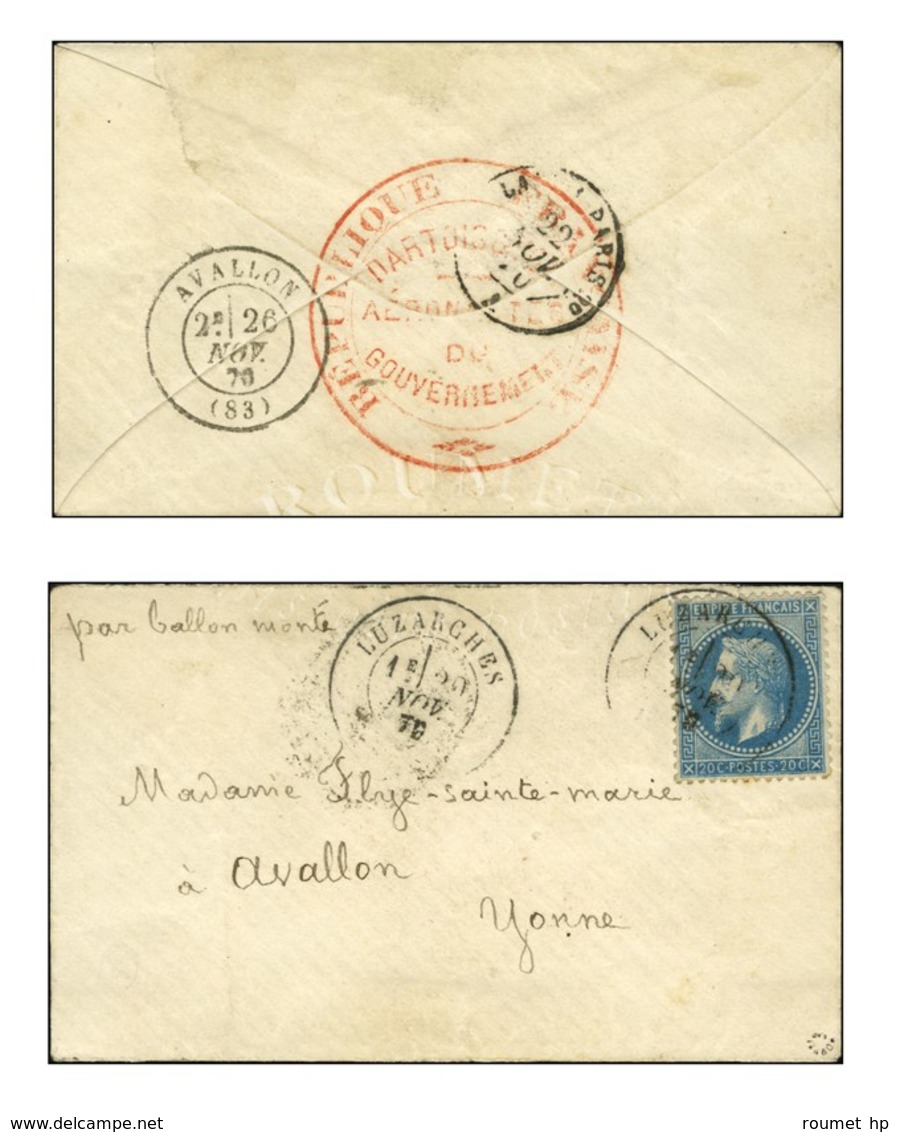 Càd LUZARCHES (72) 20 NOV. 70 / N° 29 Sur Lettre Pour Avallon, Au Verso Rarissime Cachet Rouge Des Aérostiers DARTOIS &  - Guerra Del 1870