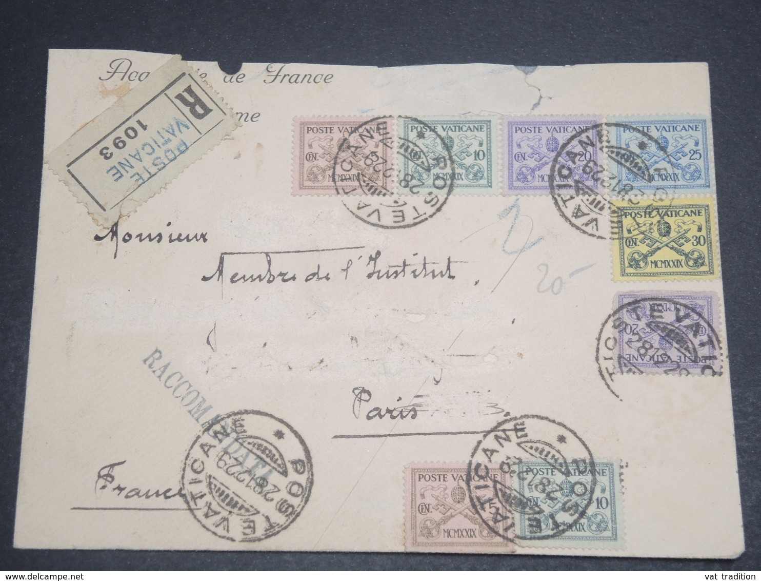 VATICAN - Enveloppe En Recommandé Pour Paris En 1929 , Affranchissement Plaisant ( Incomplet) - L 12380 - Storia Postale