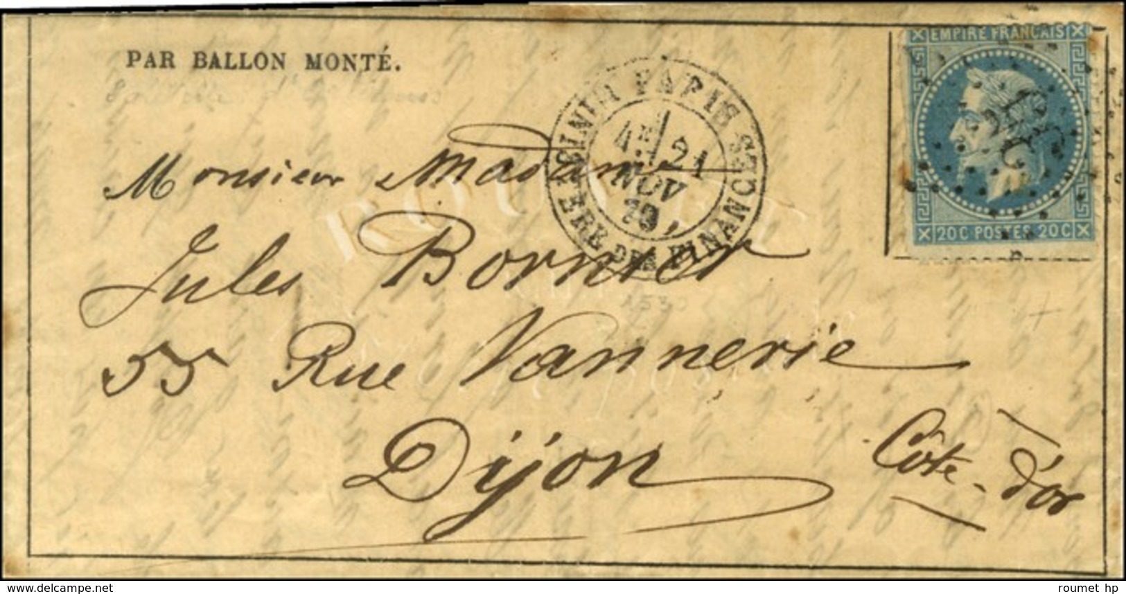 Etoile 35 / N° 29 Càd PARIS / MINISTERE DES FINANCES 21 NOV. 70 Sur Lettre Pour Dijon (zone Occupée) Sans Càd D'arrivée. - War 1870