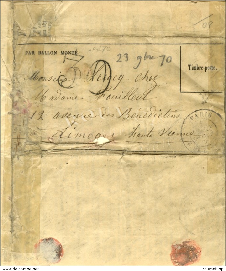 Càd PARIS / R. ST LAZARE 23 NOV. 70 Et Taxe 30 DT Pour Timbre Tombé Par Immersion Sur Gazette N° 10 Pour Limoges, Au Ver - War 1870