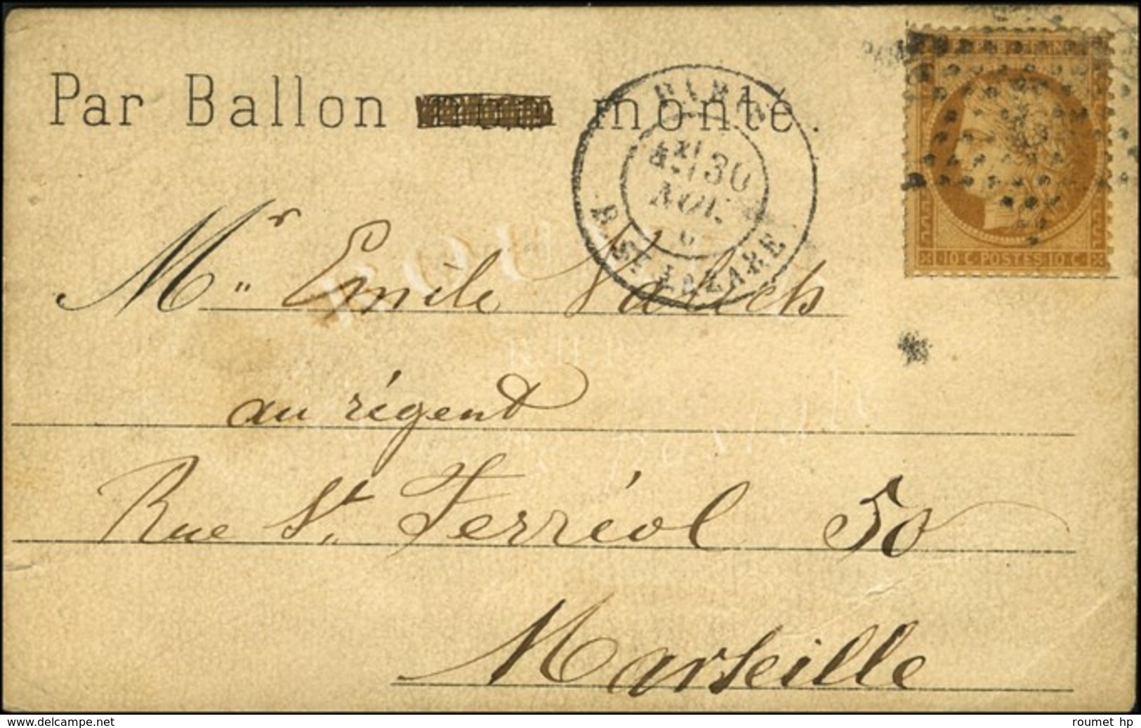 Etoile 2 / N° 36 Càd PARIS / R. ST LAZARE 30 NOV. 70 Sur Carte Imprimée PAR BALLON NON MONTE (non Biffé à La Plume) Pour - Guerra Del 1870