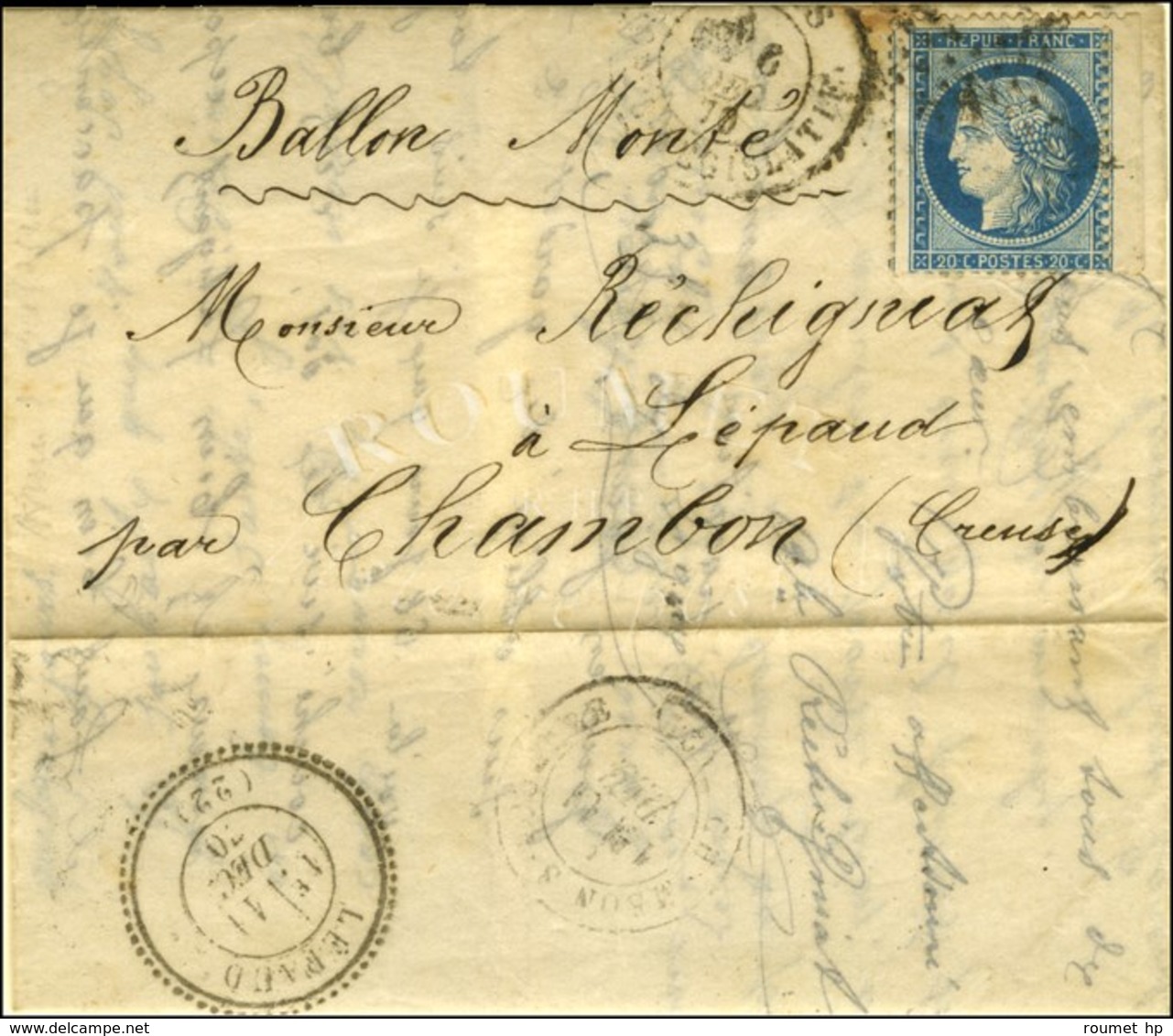 Etoile 31 / N° 37 Càd PARIS / CORPS LEGISLATIF (rare) 6 DEC. 70 Sur Lettre Pour Lepaud (Creuse), Au Verso Càd D'arrivée  - Guerra Del 1870