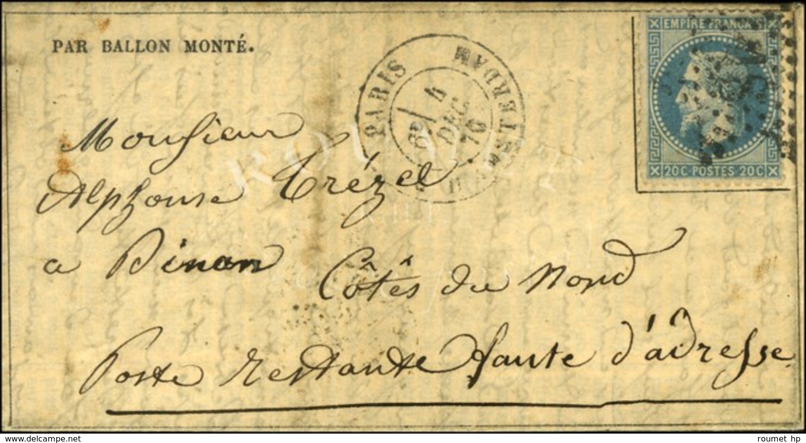 Etoile 18 / N° 29 Càd PARIS / R. D'AMSTERDAM 4 DEC. 70 Sur Gazette N° 13 Pour Dinan. Au Verso, Càd D'arrivée 8 DEC. 70.  - War 1870