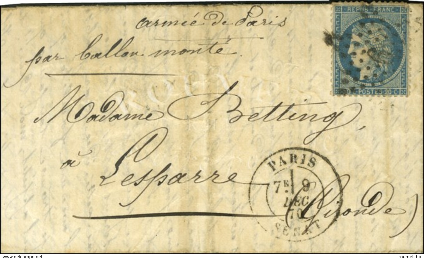 Etoile 6 / N° 37 Càd PARIS / SENAT 9 DEC. 70 Sur Lettre Pour Lesparre. Au Recto, Mention Manuscrite '' Armée De Paris '' - War 1870